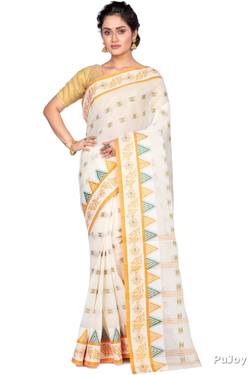 Yellow Pure Cotton Alkari Tant Saree (177)