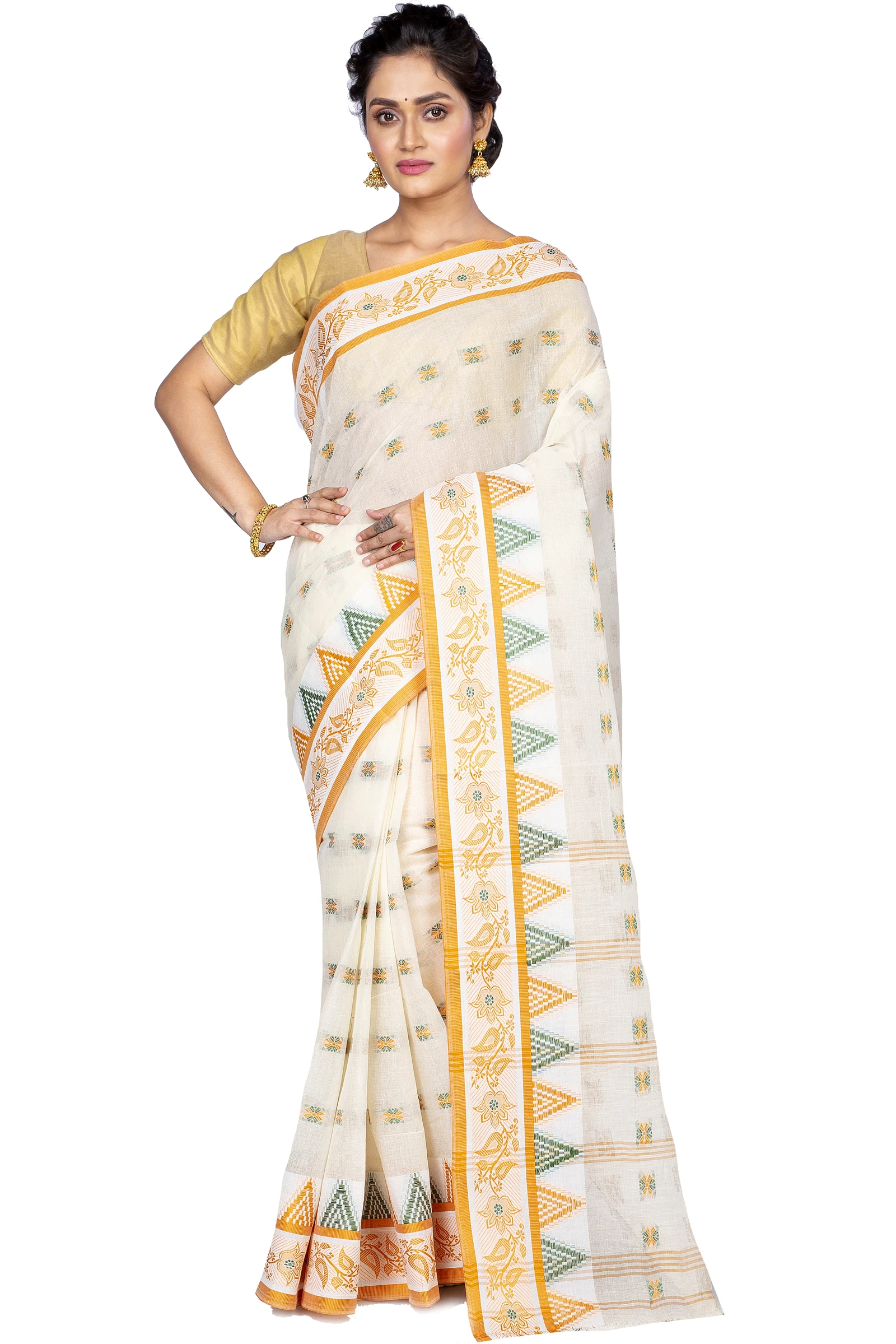 Yellow Pure Cotton Alkari Tant Saree (177)