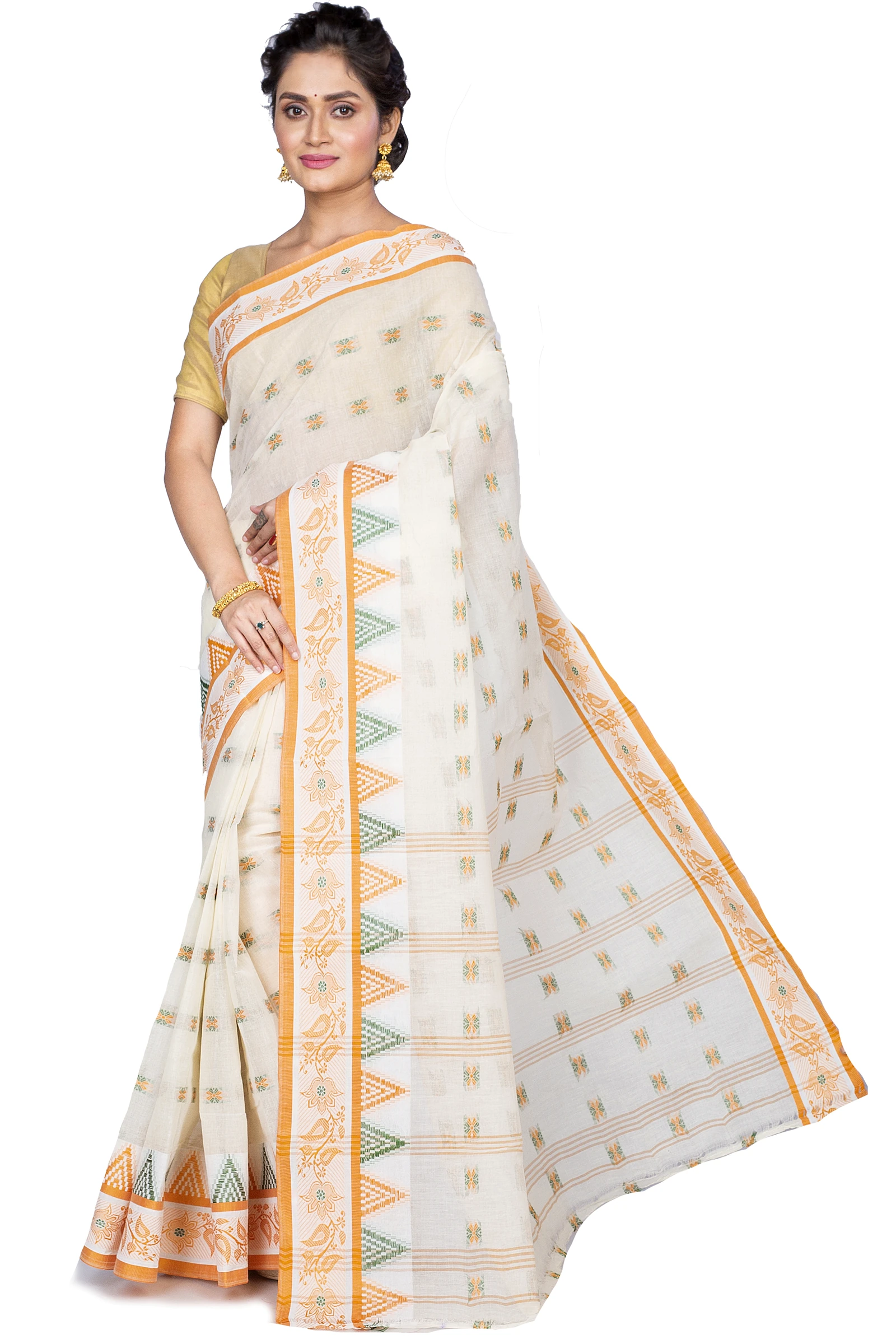 Yellow Pure Cotton Alkari Tant Saree (177)