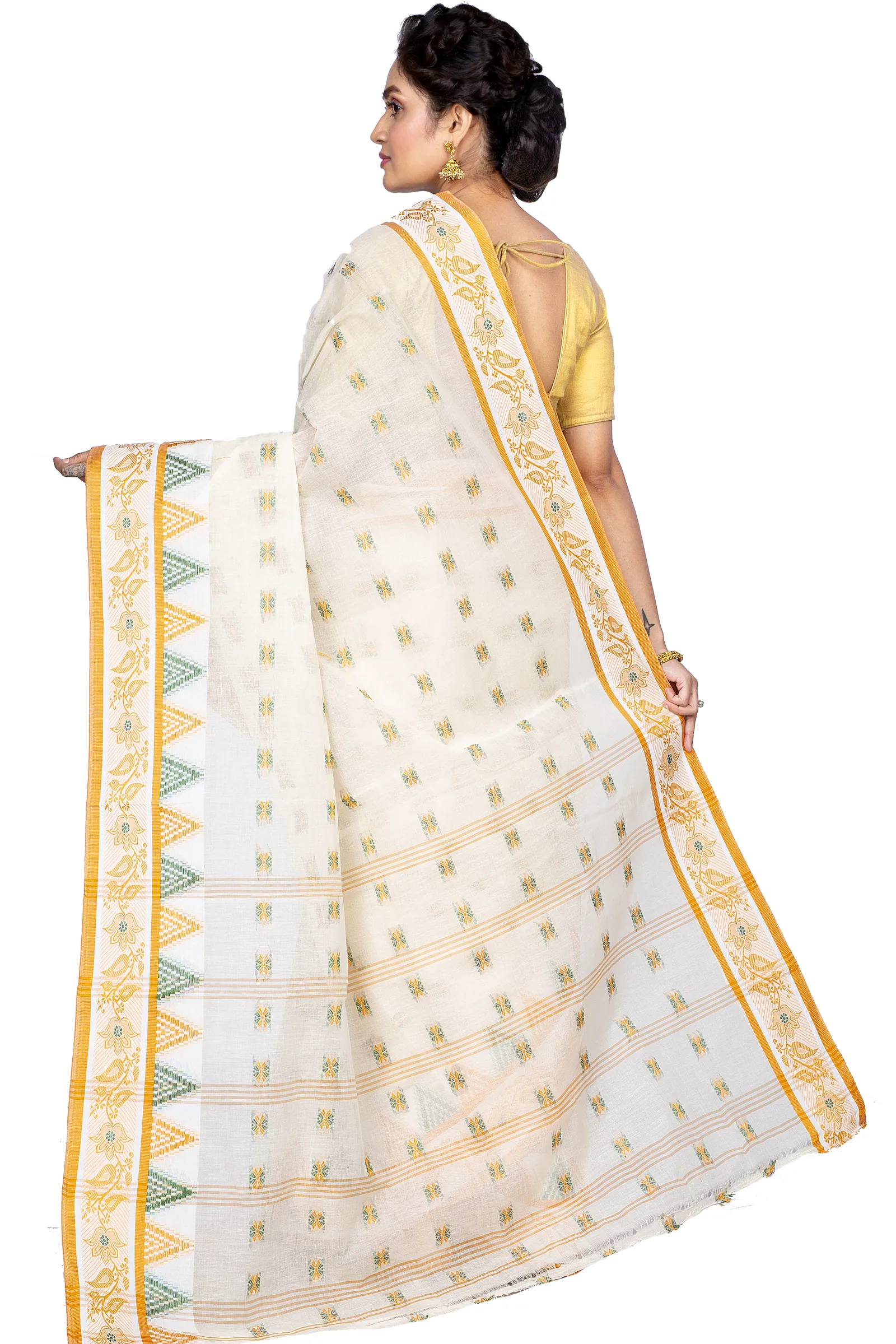 Yellow Pure Cotton Alkari Tant Saree (177)