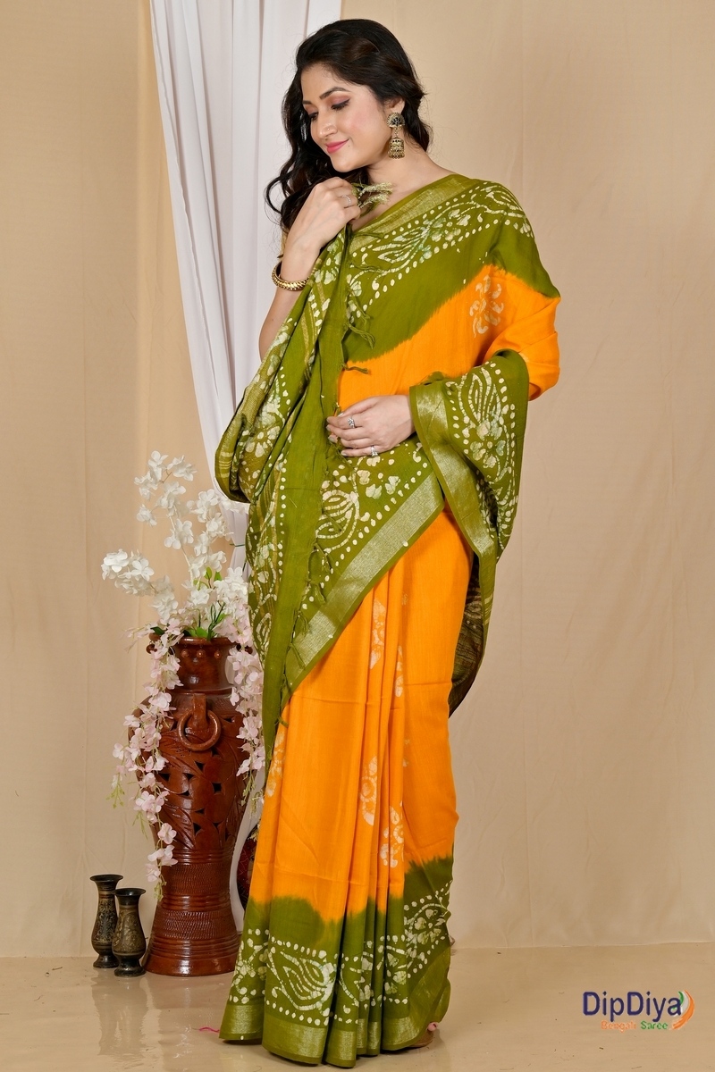 Yellow Green Pure Cotton Batikato Batik Print Saree (1770)