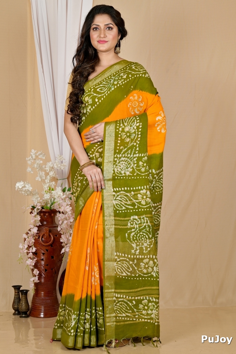 Yellow Green Pure Cotton Batikato Batik Print Saree (1770)