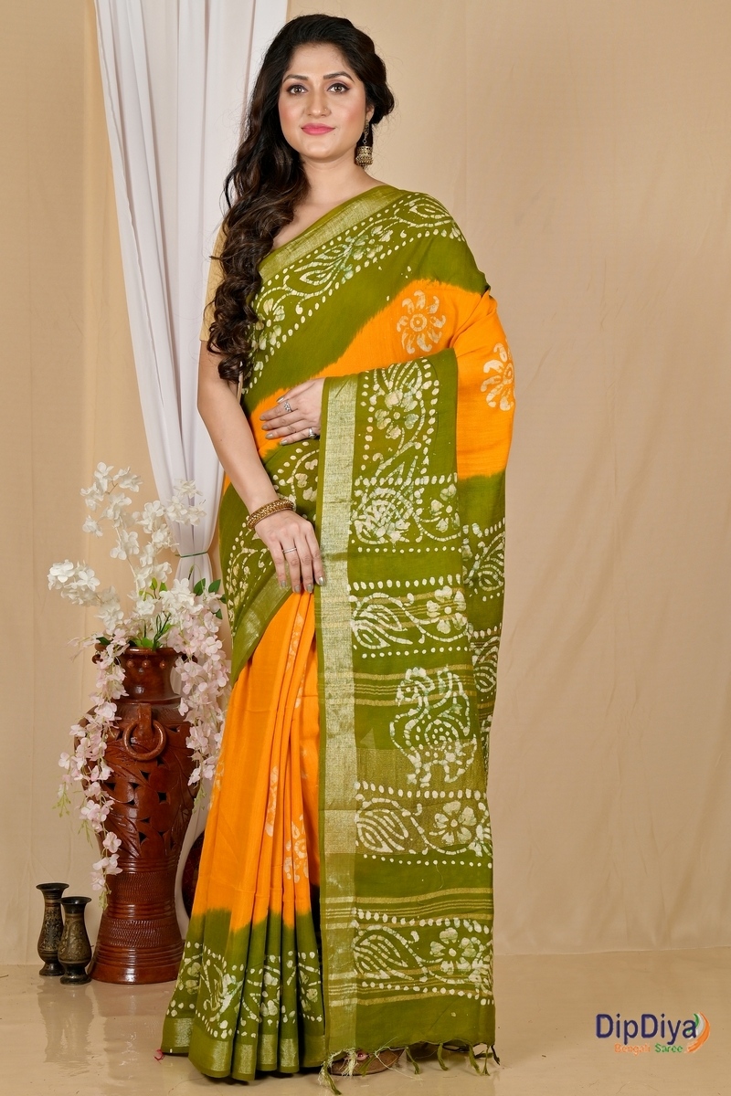 Yellow Green Pure Cotton Batikato Batik Print Saree (1770)