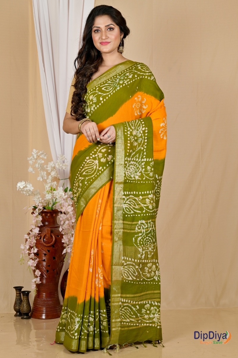Yellow Green Pure Cotton Batikato Batik Print Saree (1770)