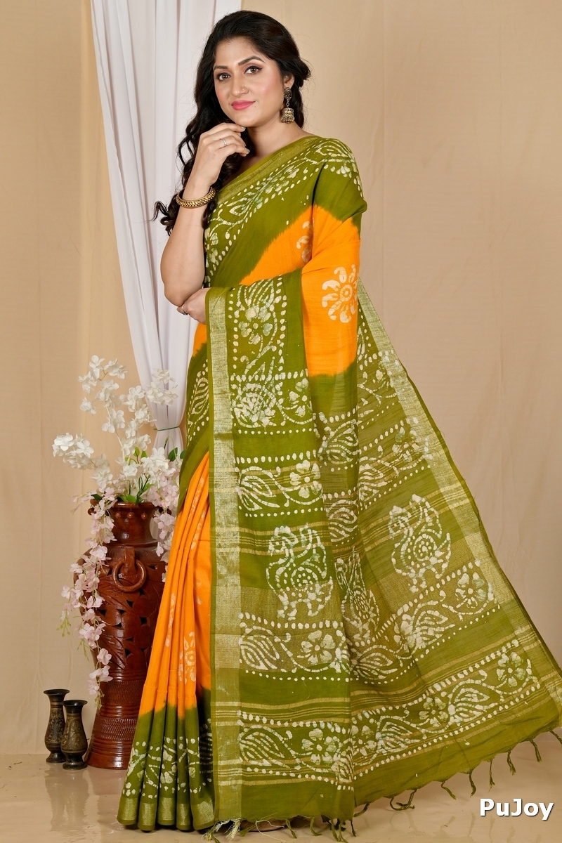 Yellow Green Pure Cotton Batikato Batik Print Saree (1770)
