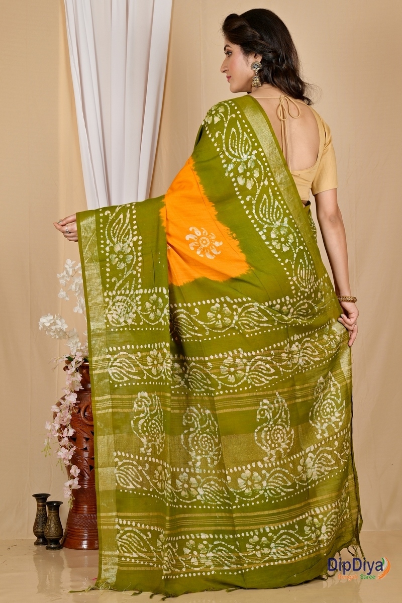 Yellow Green Pure Cotton Batikato Batik Print Saree (1770)