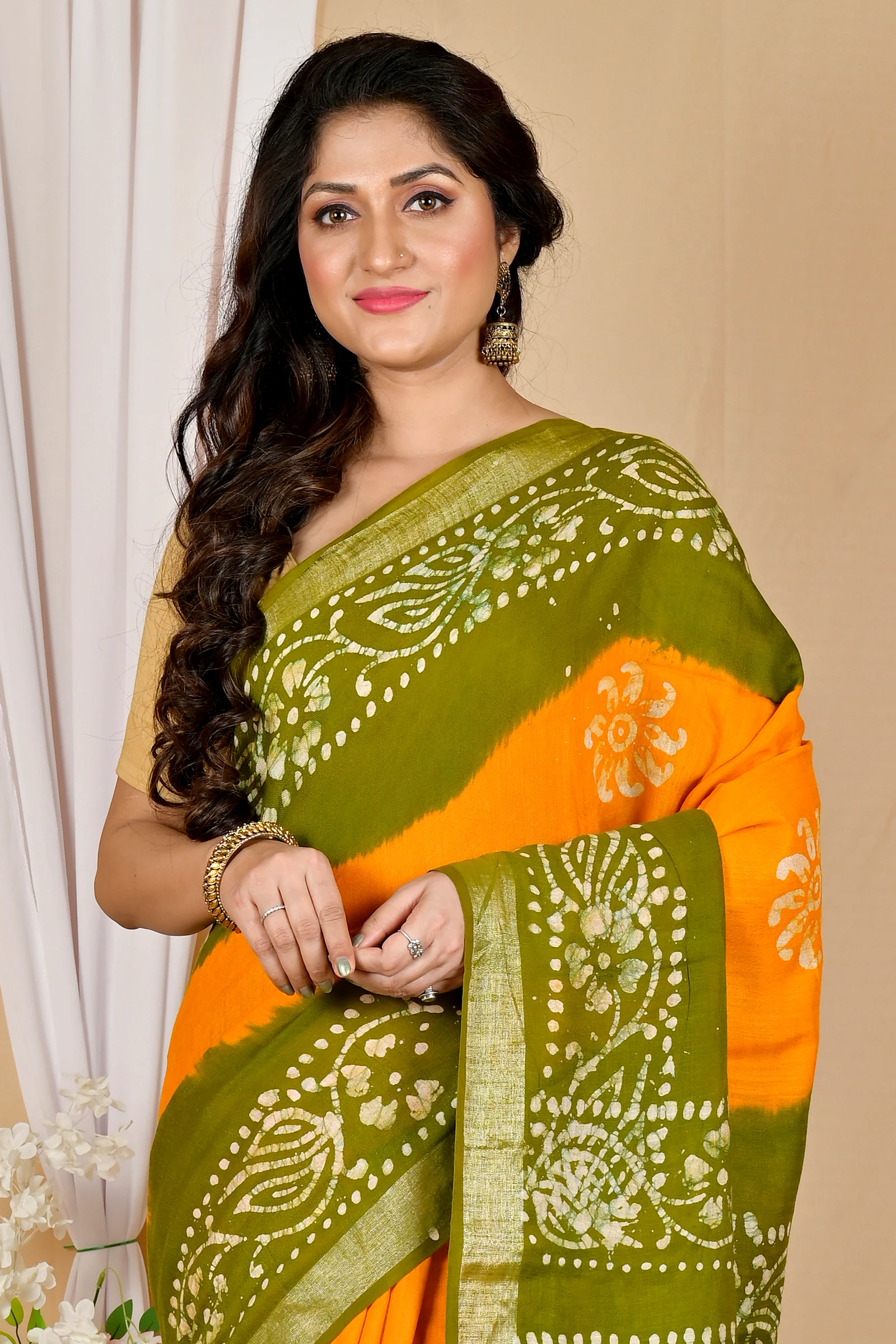 Yellow Green Pure Cotton Batikato Batik Print Saree (1770)
