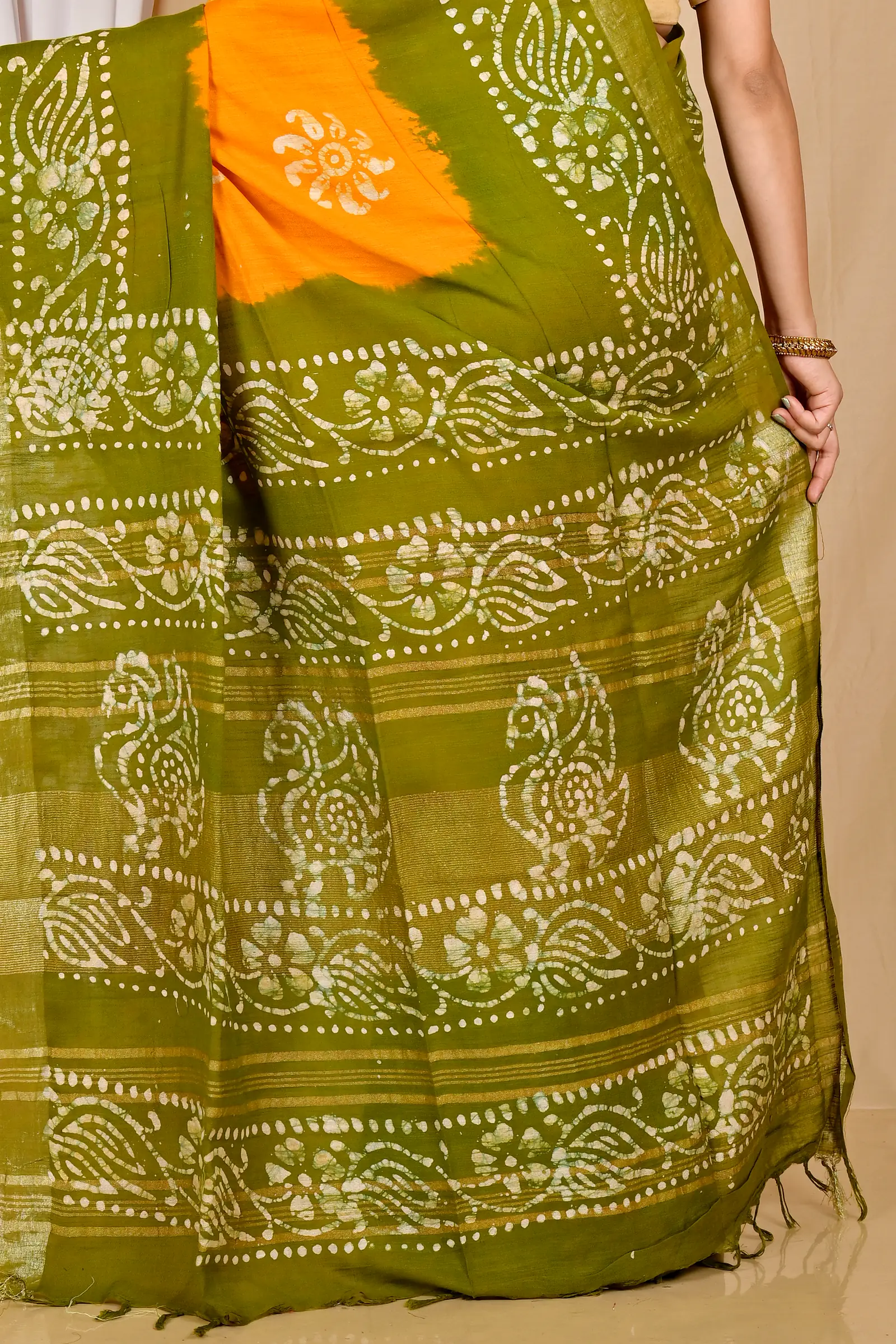Yellow Green Pure Cotton Batikato Batik Print Saree (1770)
