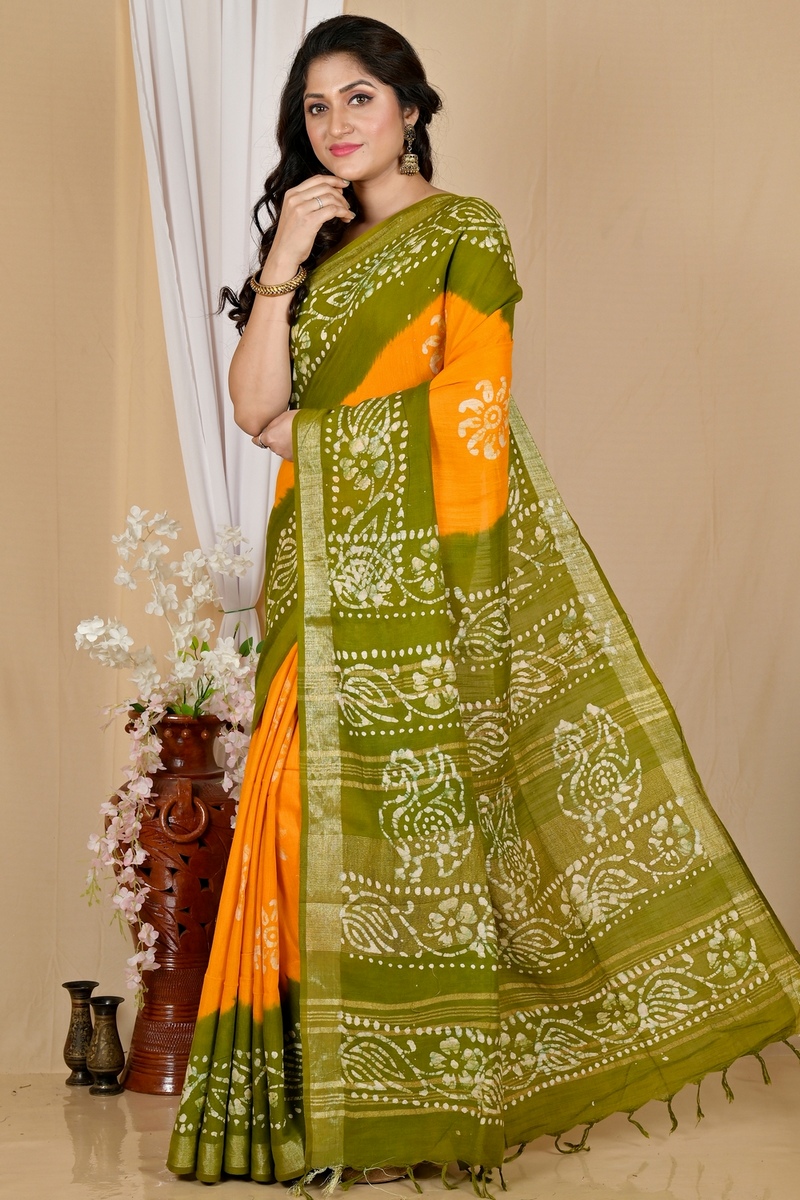 Yellow Green Pure Cotton Batikato Batik Print Saree (1770)
