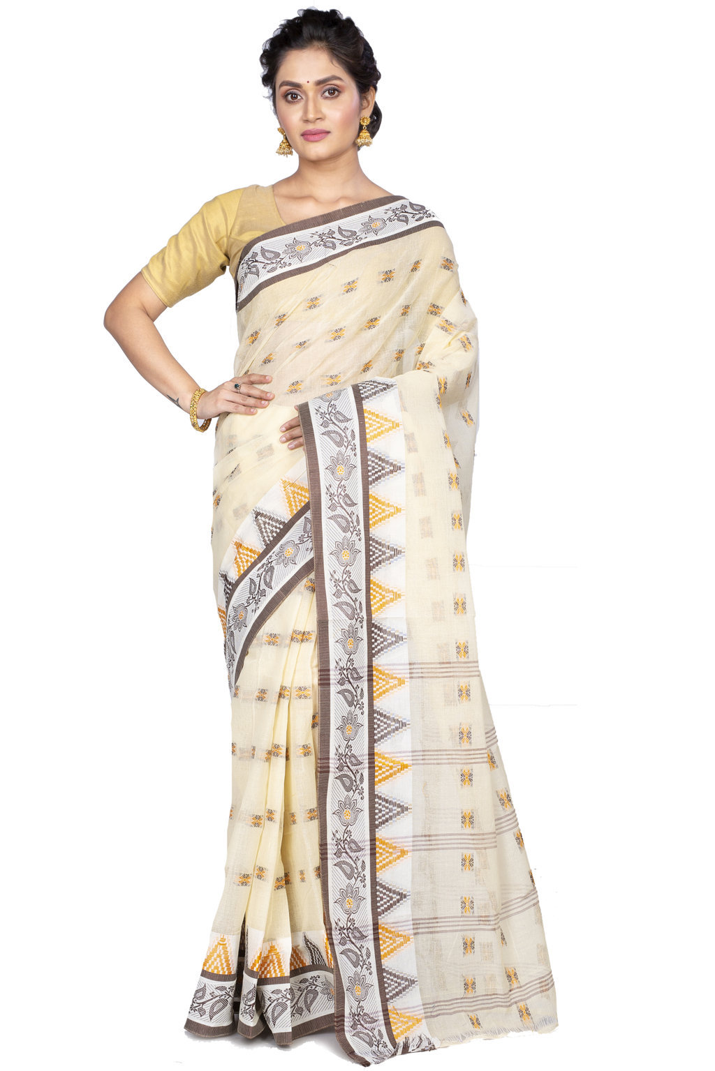 Brown Pure Cotton Alkari Tant Saree (179)