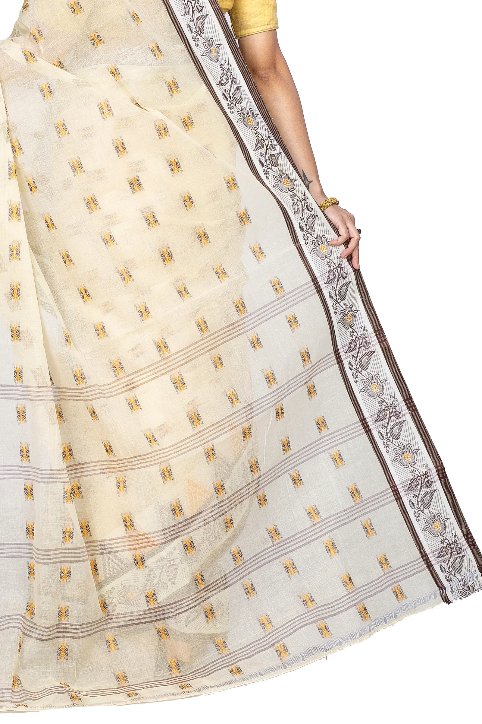 Brown Pure Cotton Alkari Tant Saree (179)