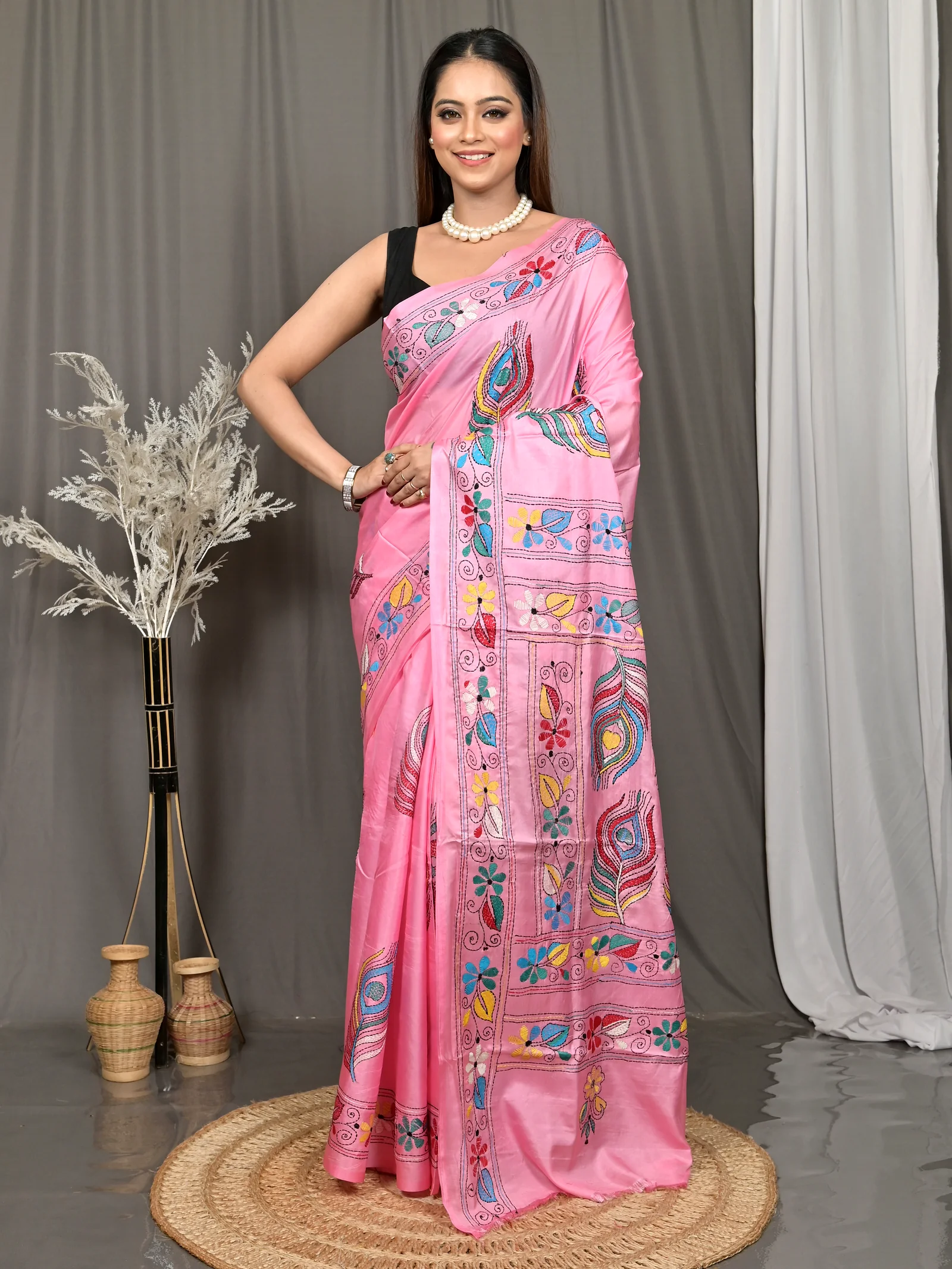 Pink Cotton Bolpur Kantha Stitch Saree (18)