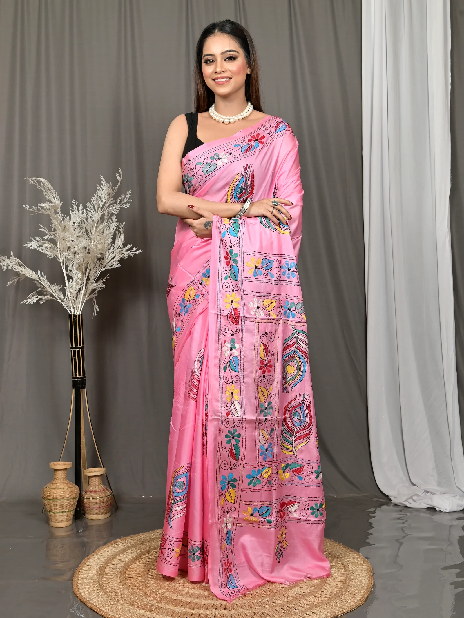 Pink Cotton Bolpur Kantha Stitch Saree (18)