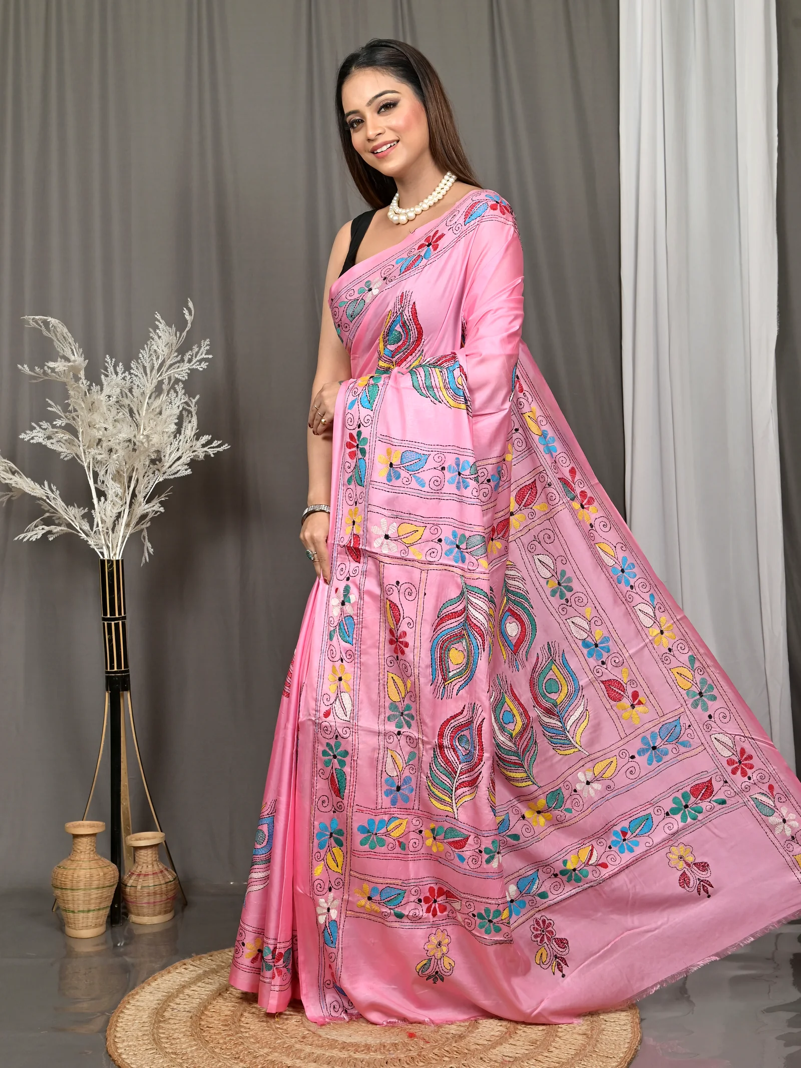 Pink Cotton Bolpur Kantha Stitch Saree (18)