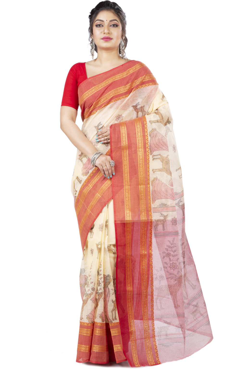 Red Pure Cotton Sakuntala Tant Saree Print (1829)
