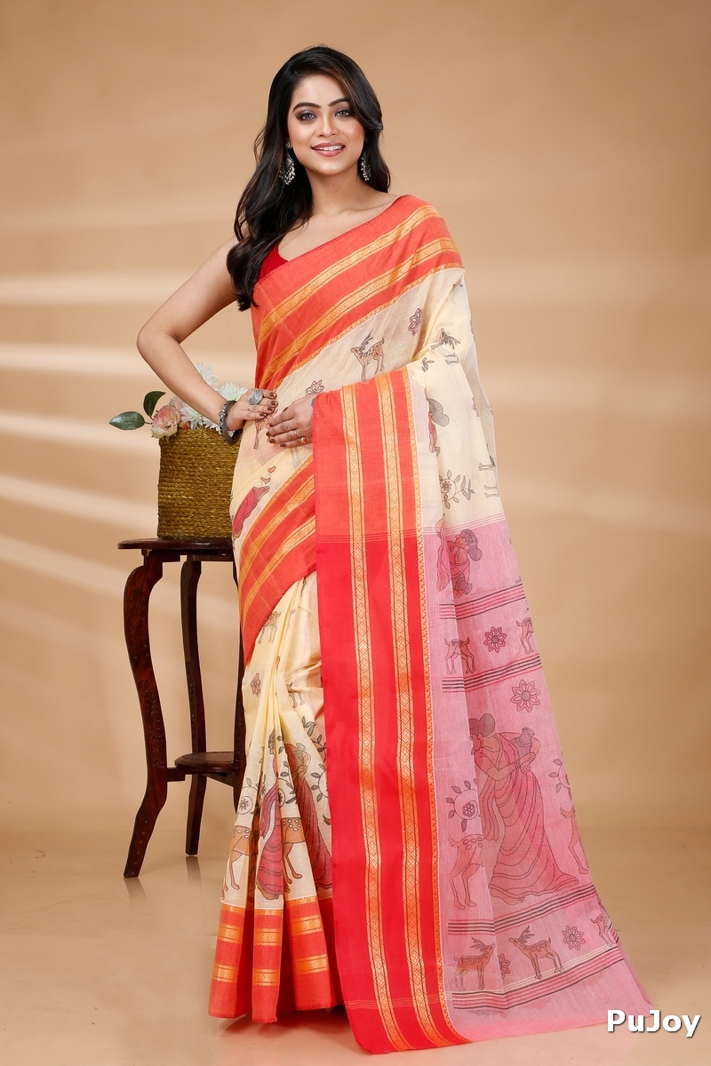 Red Pure Cotton Sakuntala Tant Saree Print (1829)