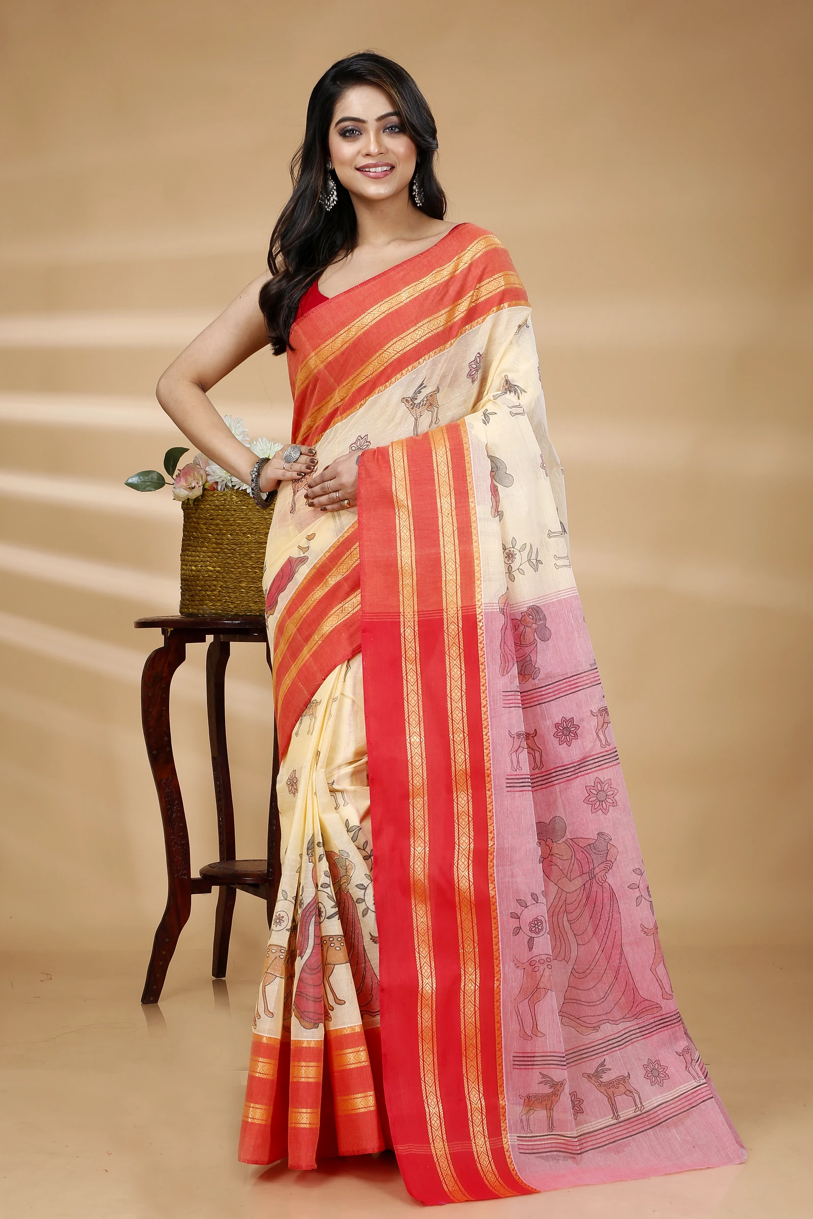 Red Pure Cotton Sakuntala Tant Saree Print (1829)