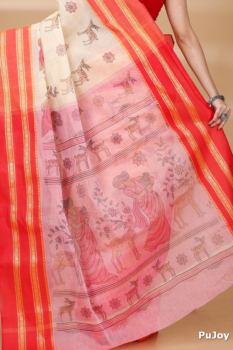 Red Pure Cotton Sakuntala Tant Saree Print (1829)