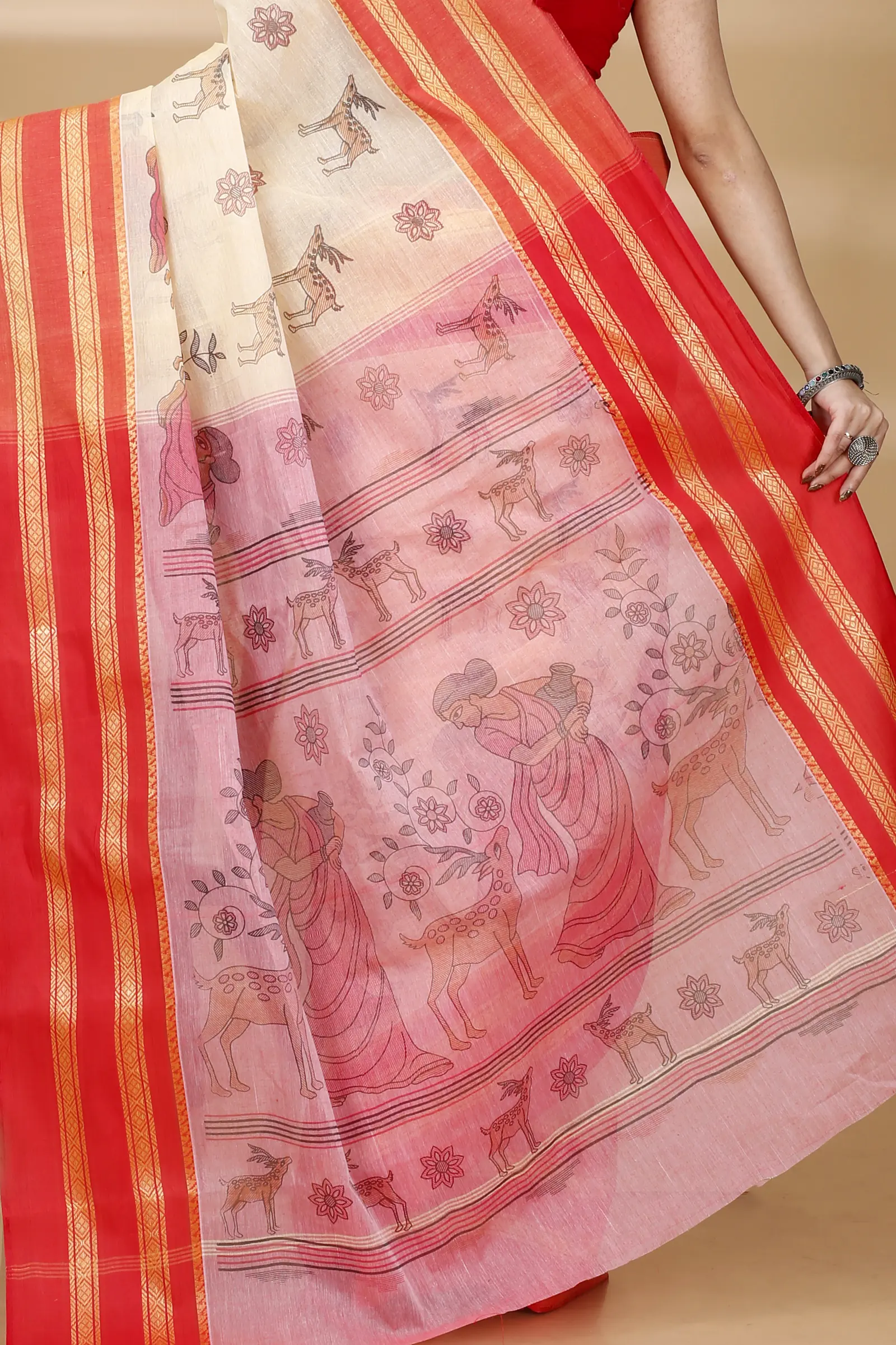 Red Pure Cotton Sakuntala Tant Saree Print (1829)