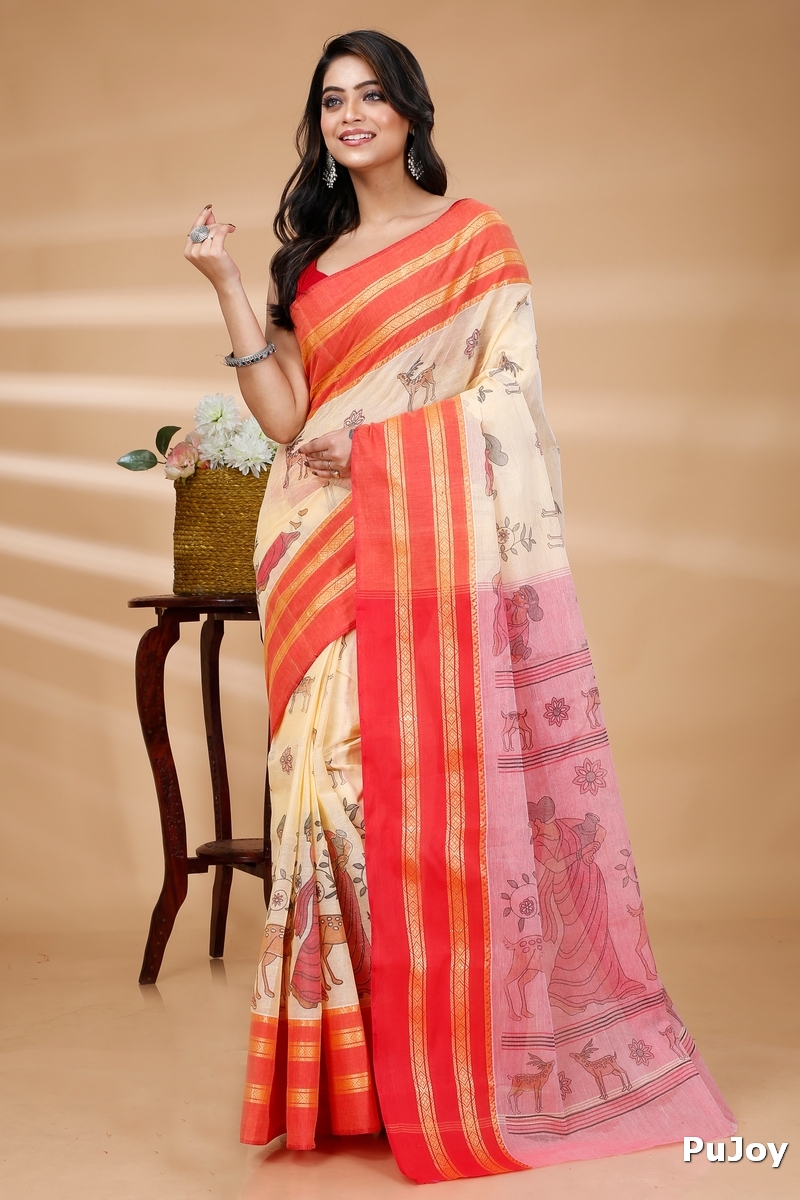 Red Pure Cotton Sakuntala Tant Saree Print (1829)