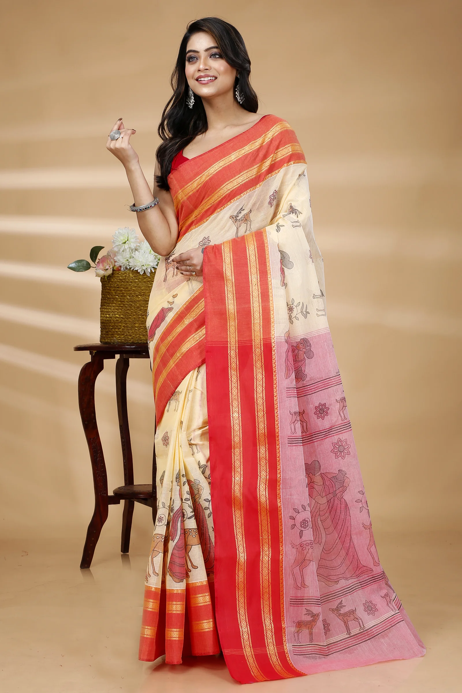 Red Pure Cotton Sakuntala Tant Saree Print (1829)