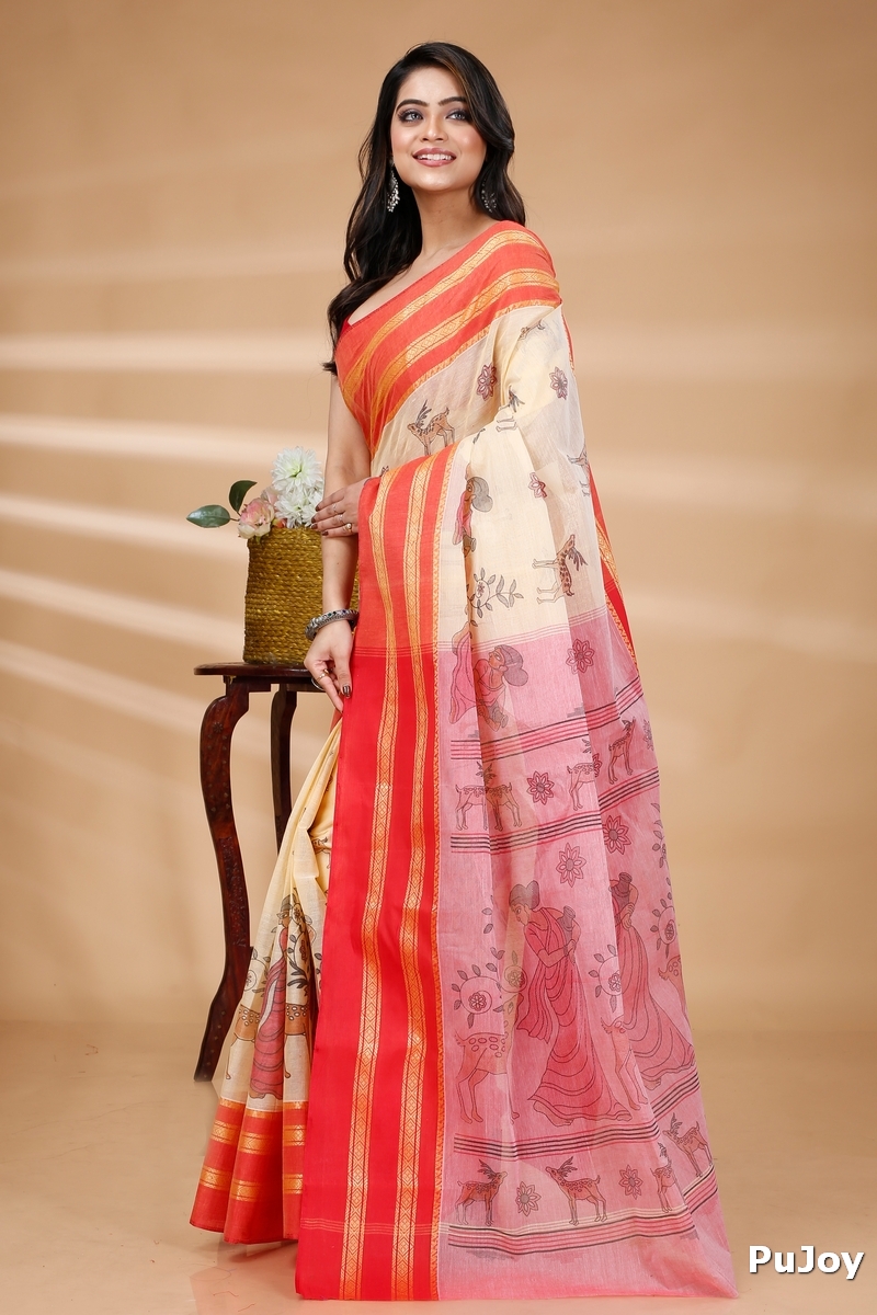 Red Pure Cotton Sakuntala Tant Saree Print (1829)