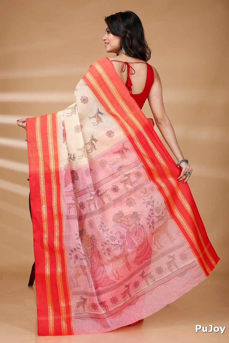 Red Pure Cotton Sakuntala Tant Saree Print (1829)