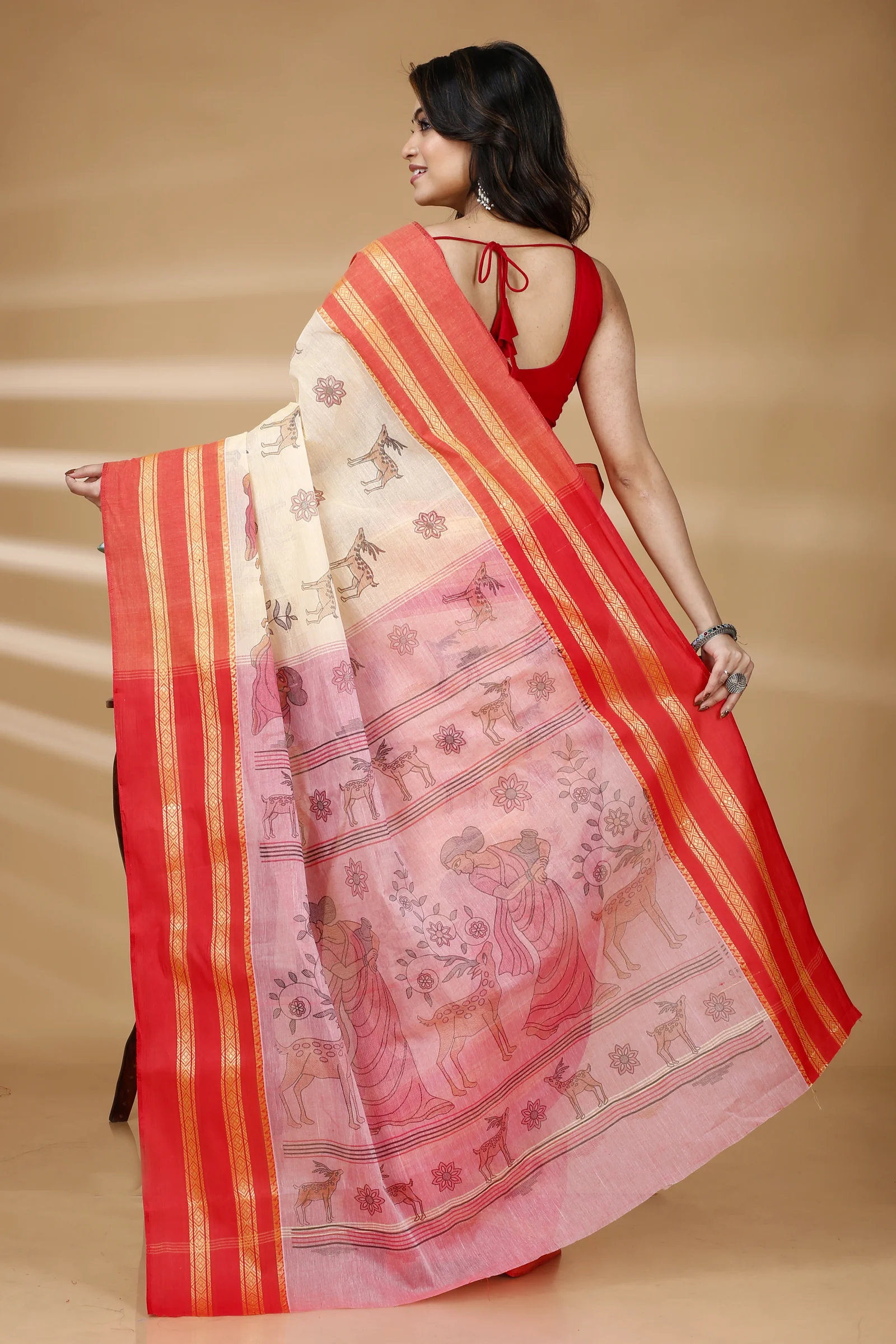 Red Pure Cotton Sakuntala Tant Saree Print (1829)