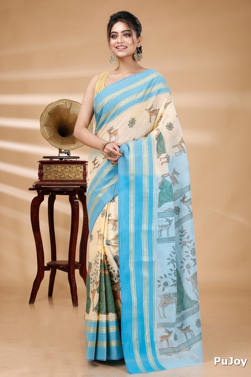 Blue Pure Cotton Sakuntala Tant Saree Print (1830)