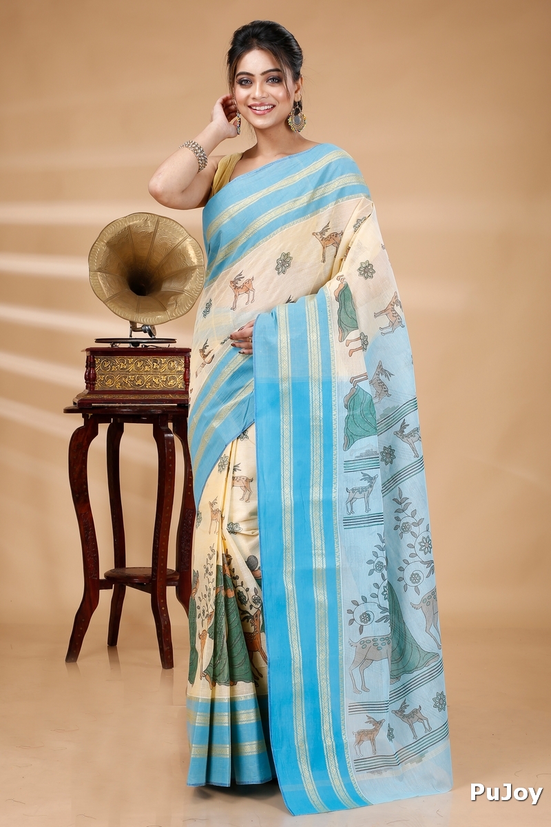 Blue Pure Cotton Sakuntala Tant Saree Print (1830)