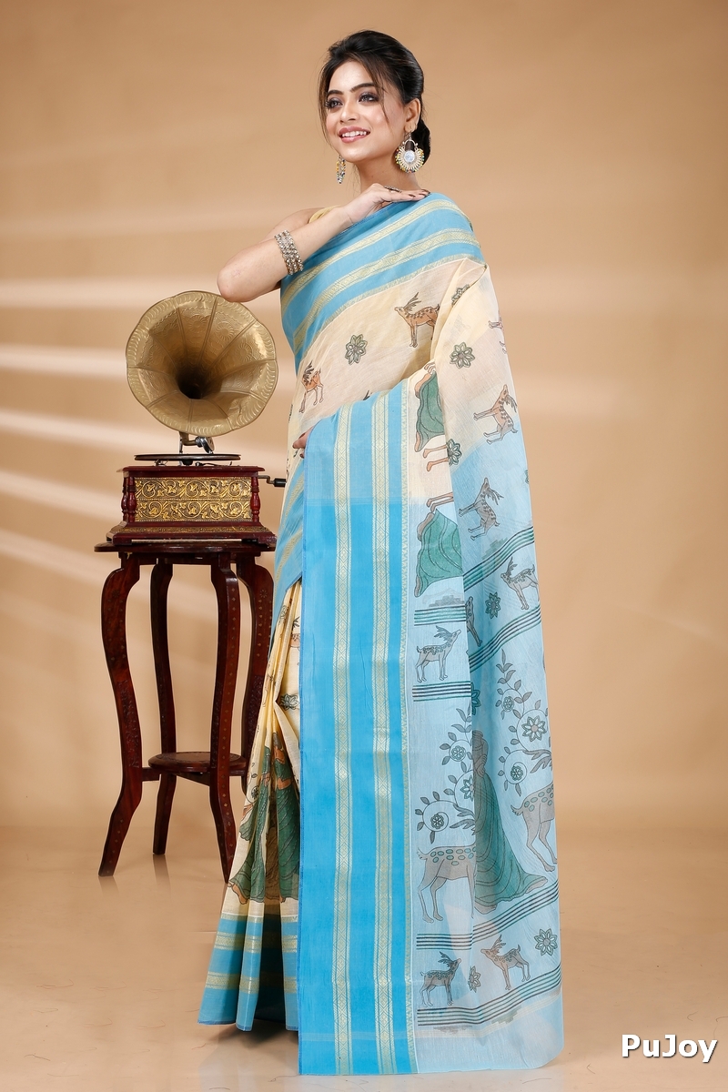 Blue Pure Cotton Sakuntala Tant Saree Print (1830)