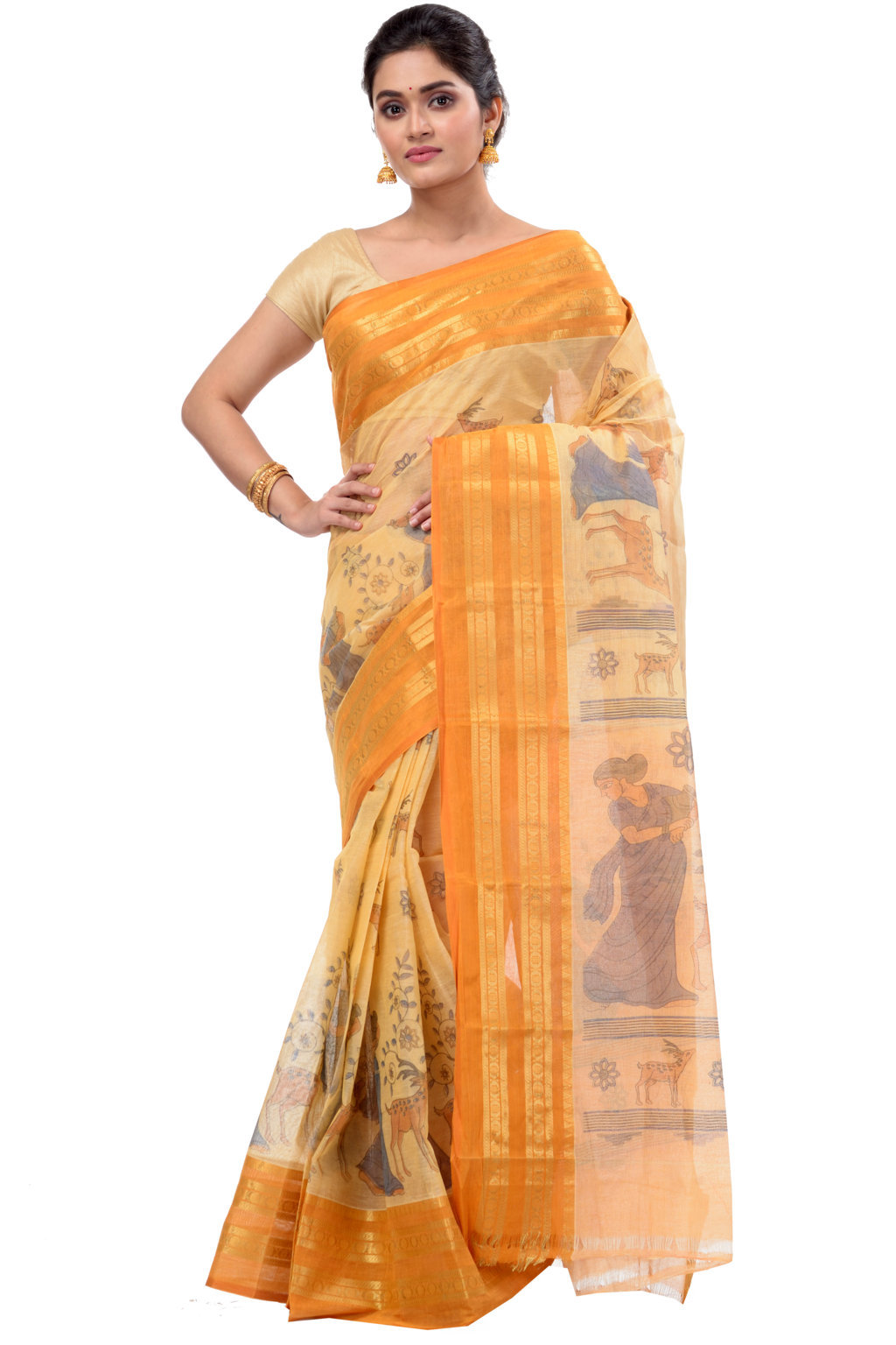 Brown Pure Cotton Sakuntala Tant Saree Print (1831)