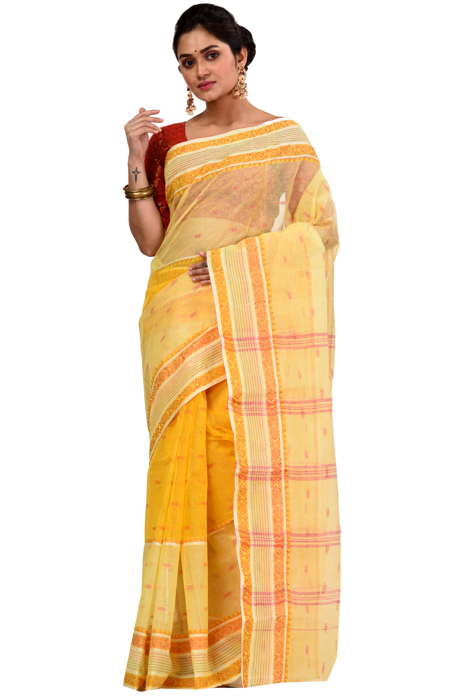 Yellow Pure Cotton Debdash Tant Saree (1852)