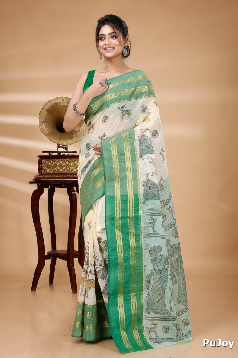 Green Pure Cotton Sakuntala Tant Saree Print (1853)