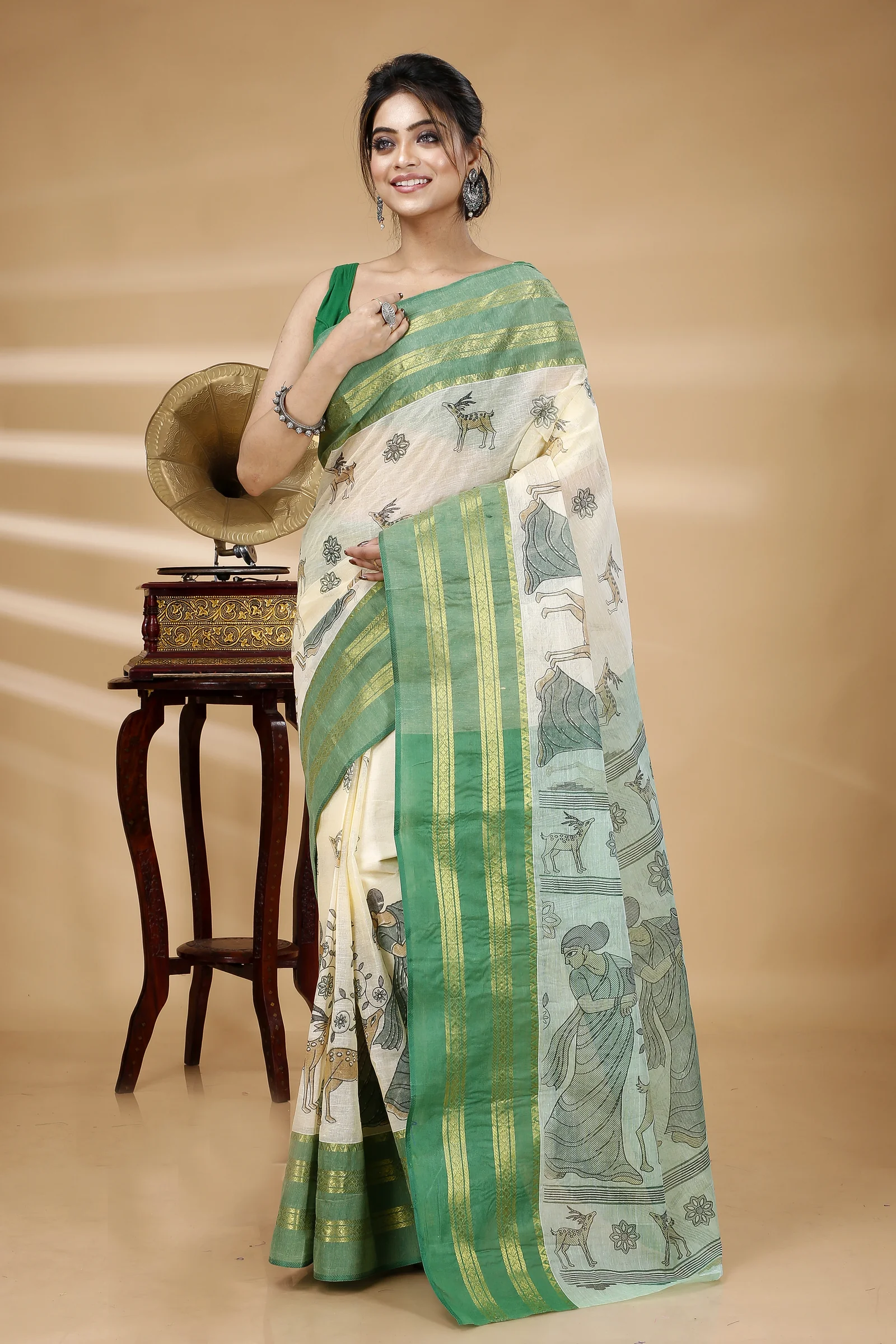Green Pure Cotton Sakuntala Tant Saree Print (1853)