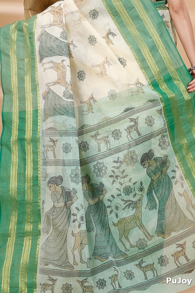 Green Pure Cotton Sakuntala Tant Saree Print (1853)