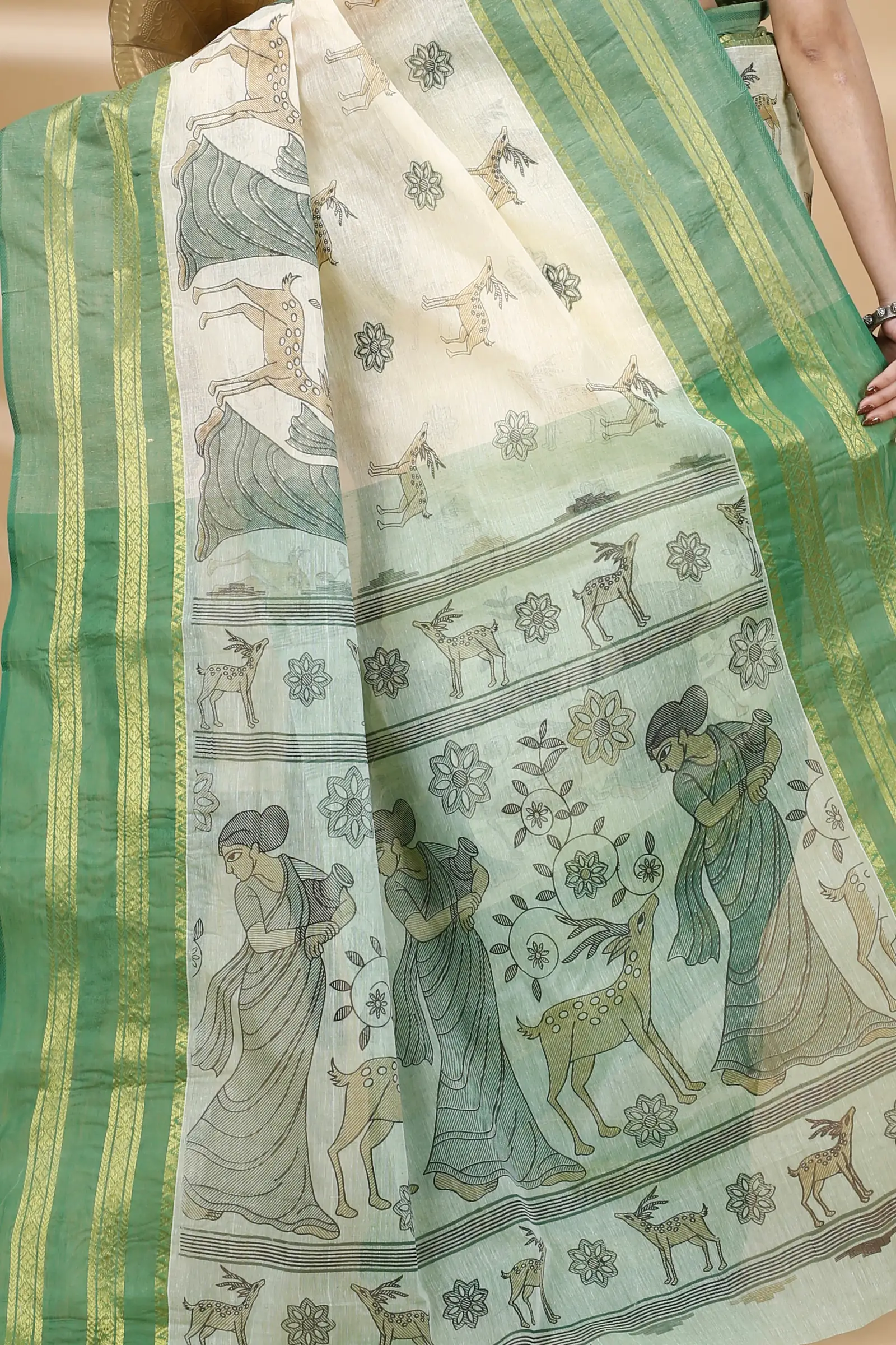 Green Pure Cotton Sakuntala Tant Saree Print (1853)