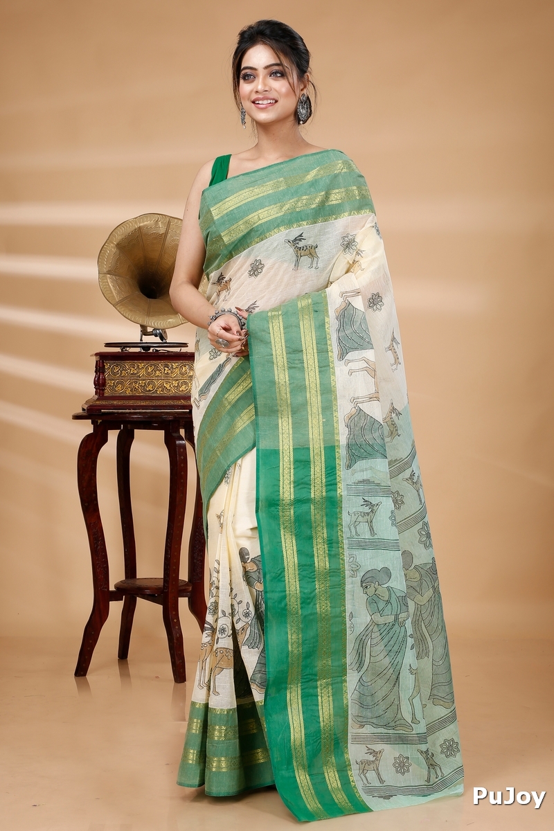Green Pure Cotton Sakuntala Tant Saree Print (1853)