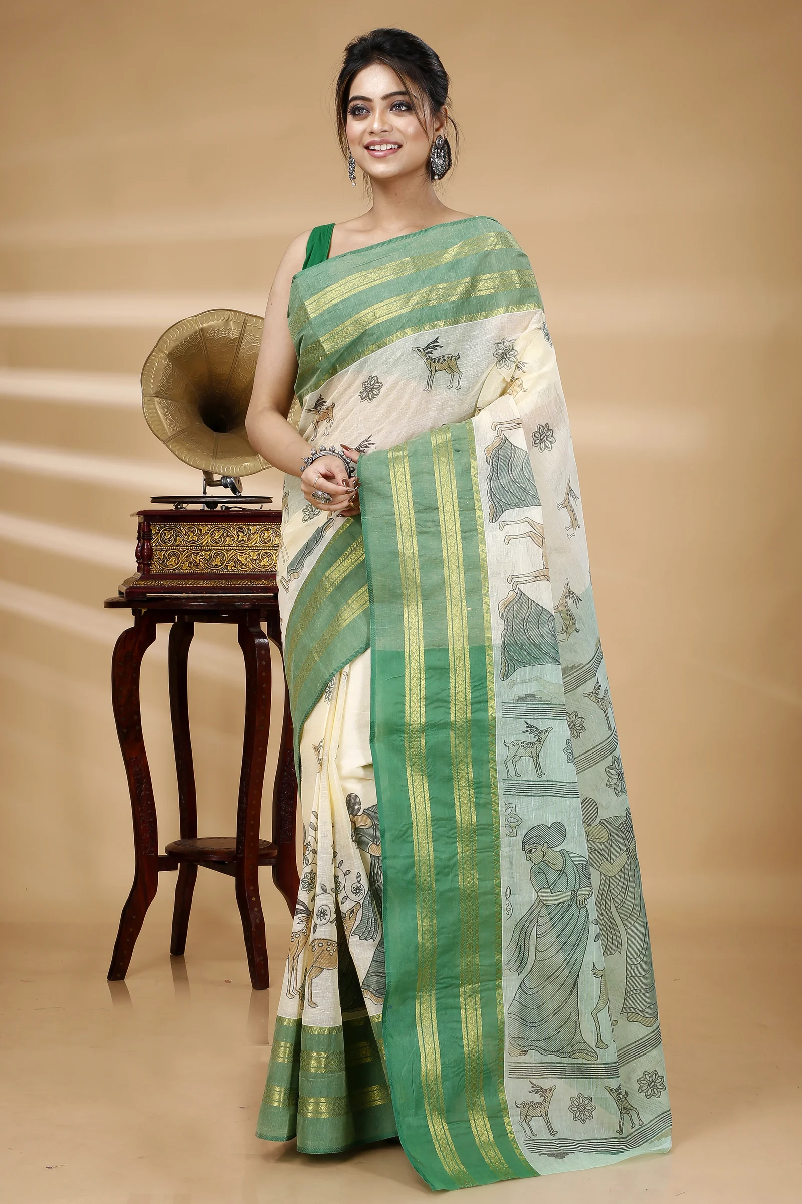 Green Pure Cotton Sakuntala Tant Saree Print (1853)
