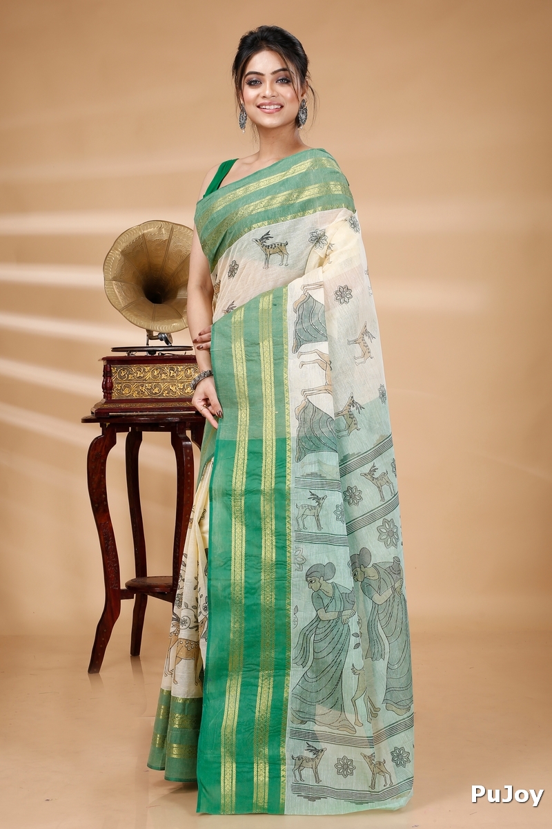 Green Pure Cotton Sakuntala Tant Saree Print (1853)