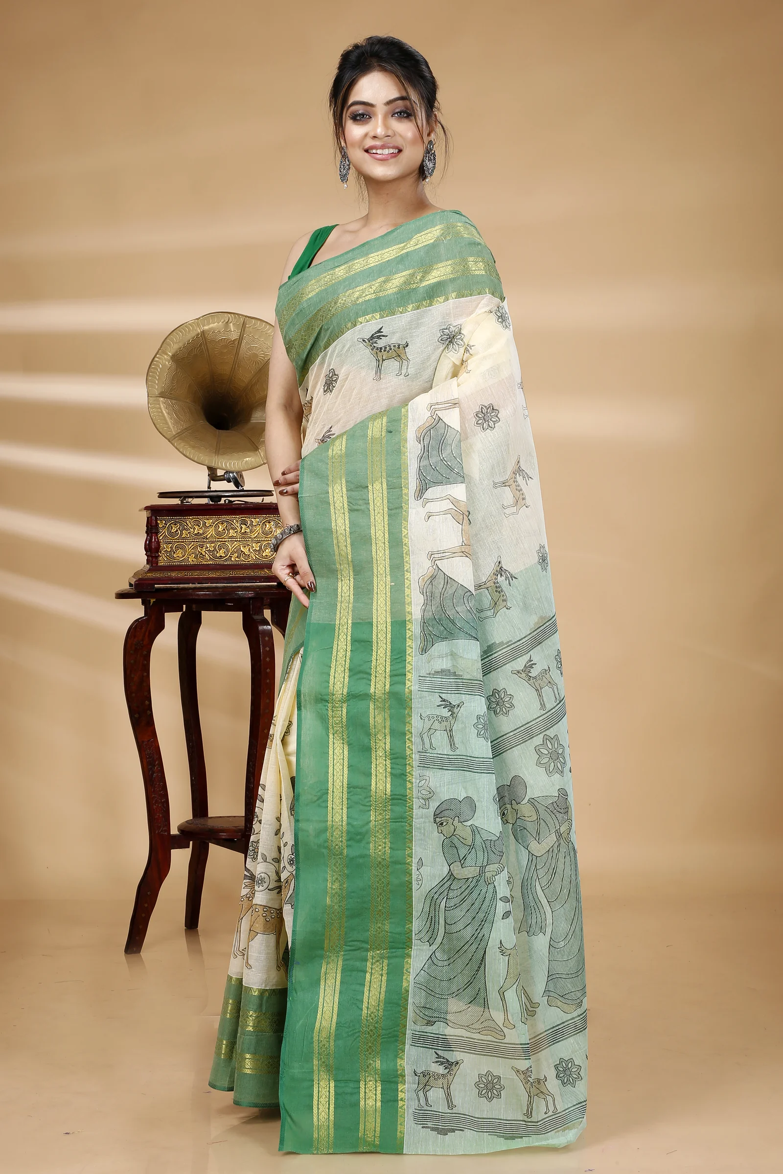 Green Pure Cotton Sakuntala Tant Saree Print (1853)