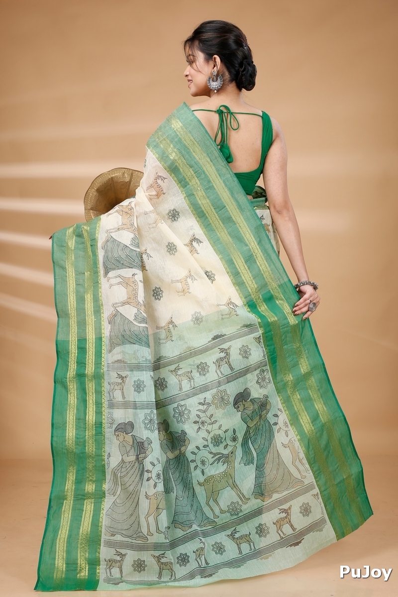 Green Pure Cotton Sakuntala Tant Saree Print (1853)