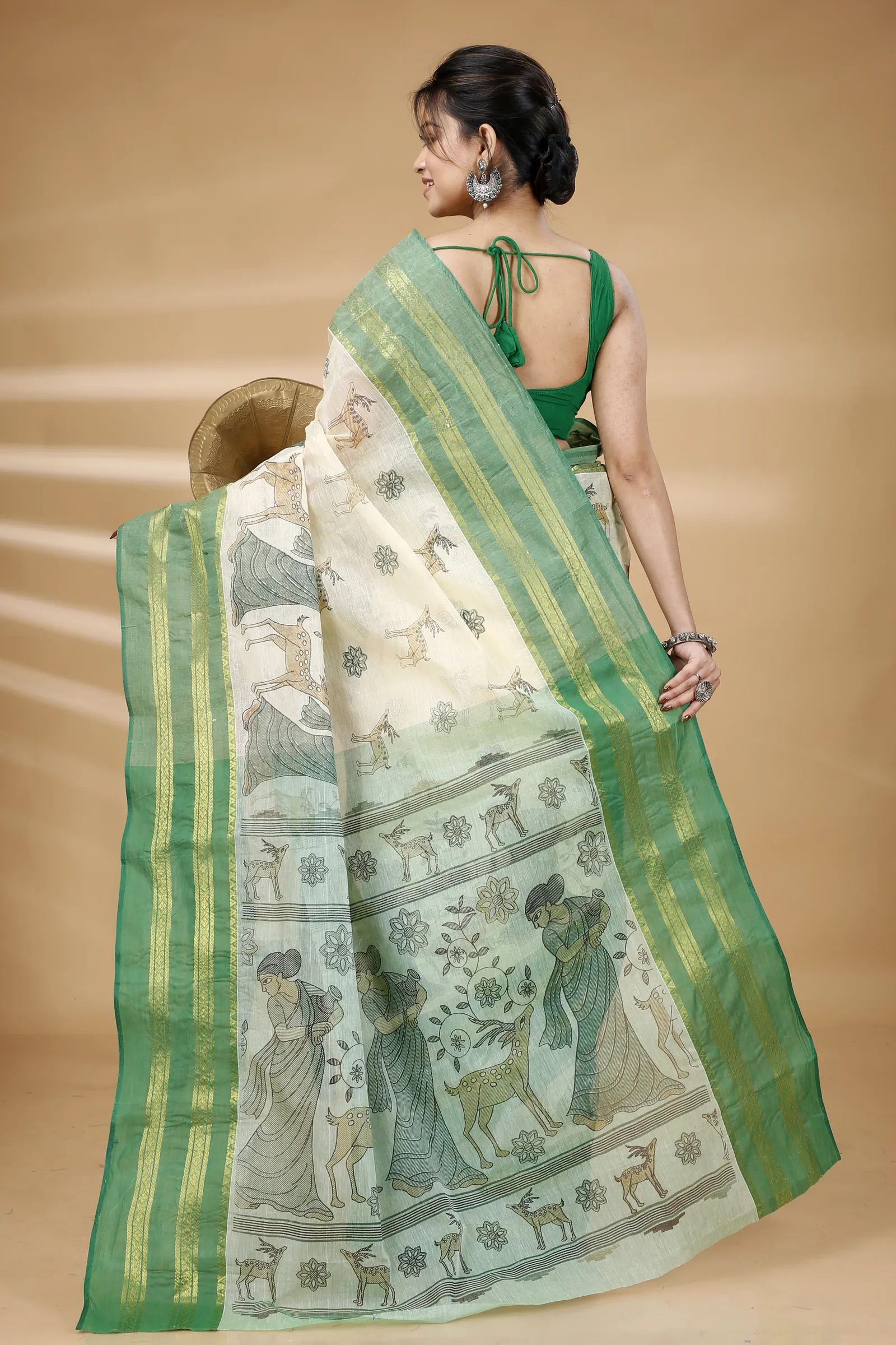 Green Pure Cotton Sakuntala Tant Saree Print (1853)