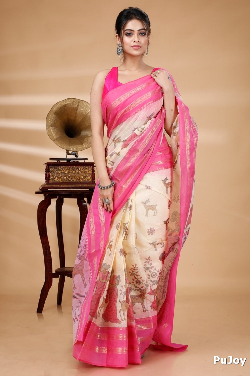 Pink Pure Cotton Sakuntala Tant Saree Print (1855)