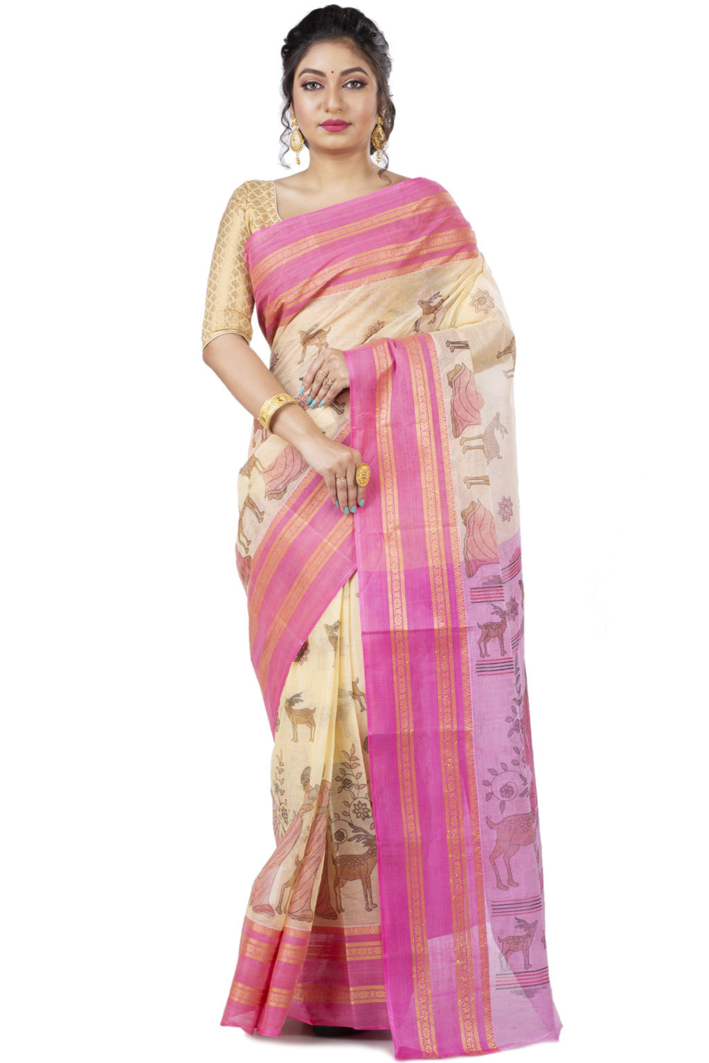 Pink Pure Cotton Sakuntala Tant Saree Print (1855)