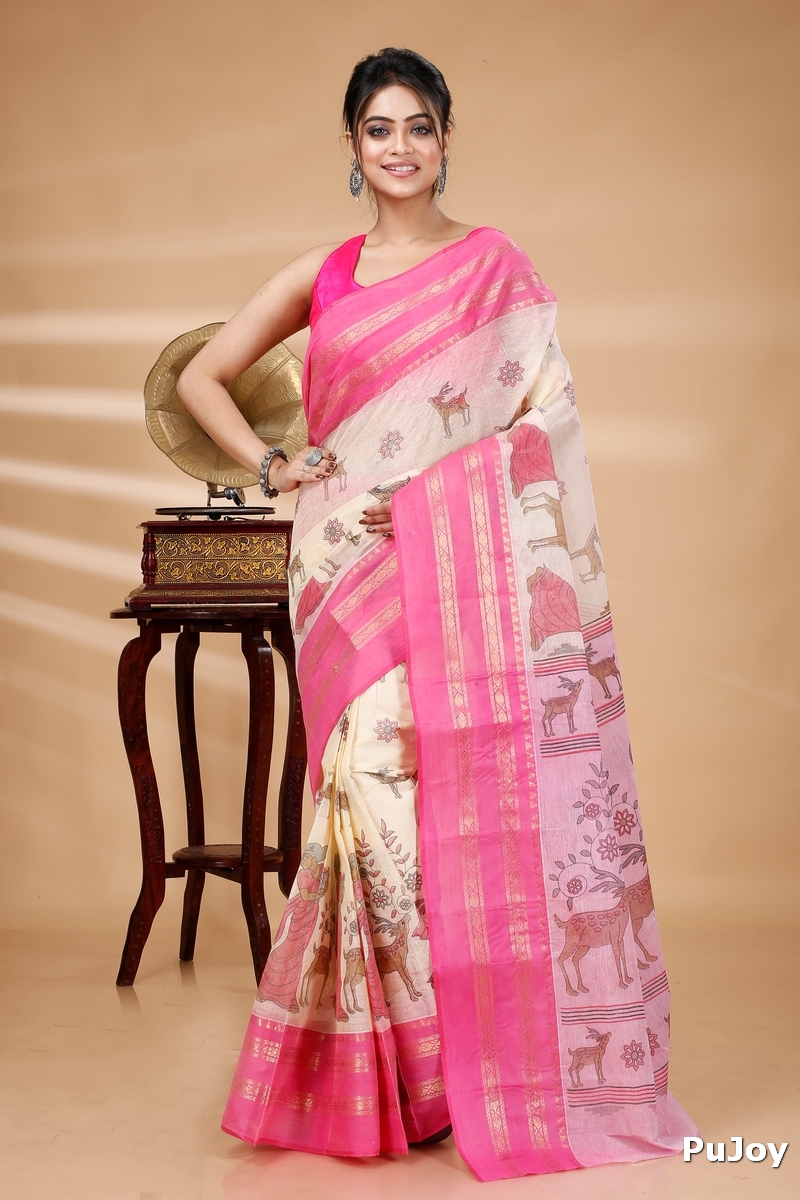 Pink Pure Cotton Sakuntala Tant Saree Print (1855)