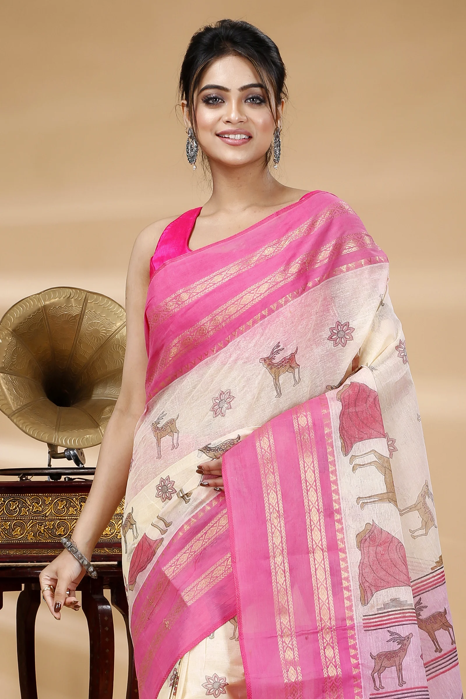 Pink Pure Cotton Sakuntala Tant Saree Print (1855)