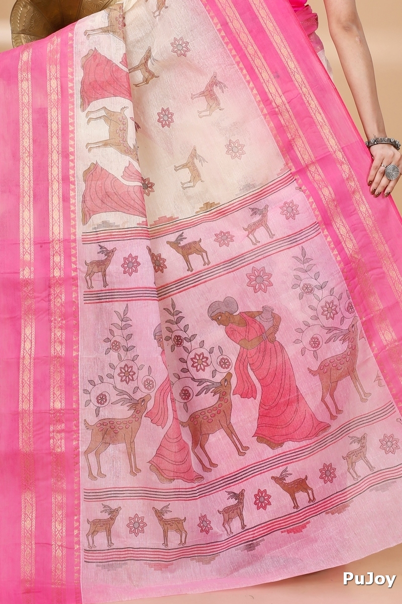 Pink Pure Cotton Sakuntala Tant Saree Print (1855)