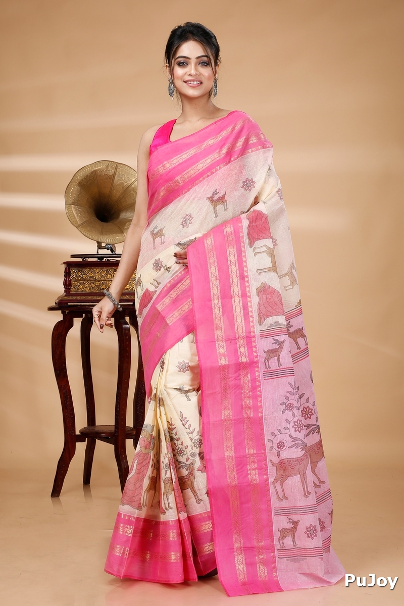 Pink Pure Cotton Sakuntala Tant Saree Print (1855)