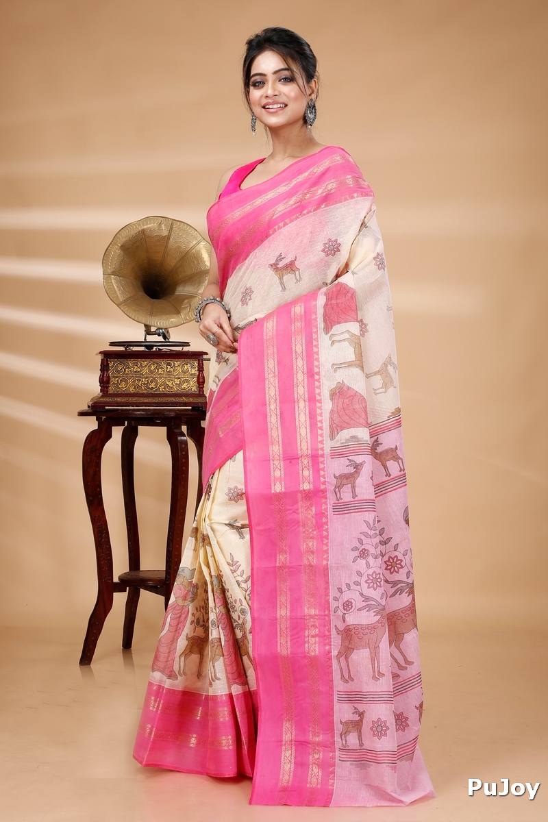 Pink Pure Cotton Sakuntala Tant Saree Print (1855)